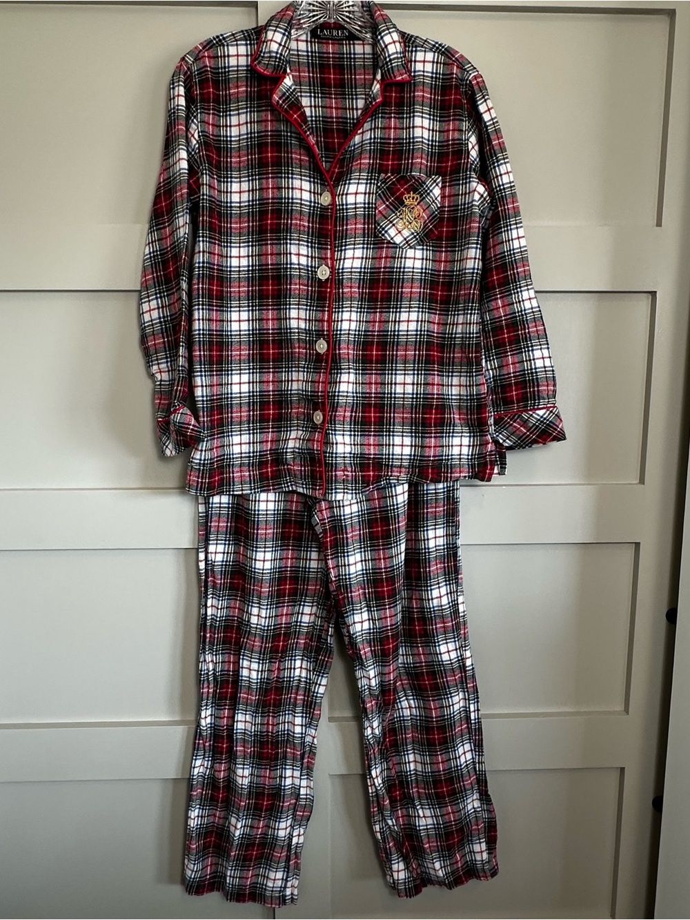 Lauren Ralph Lauren Pajama Set Women’s S Red Plaid Flannel 100% Cotton Monogram